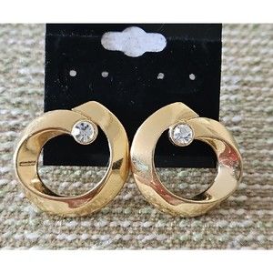 Retro Gold Earrings Vintage 80s Chunky Circle Pierced Studs Clear Crystal Swirl